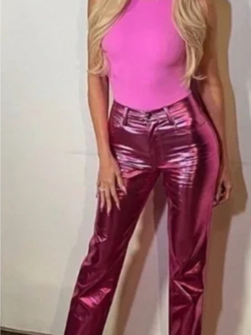 High-Rise Metallic Pink Straight-Leg Pants